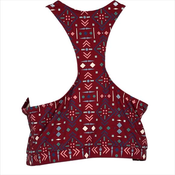 Geometric Cut-Out Bandeau Tankini in Burgundy with Multi Color Pattern Size Med - Picture 2 of 5